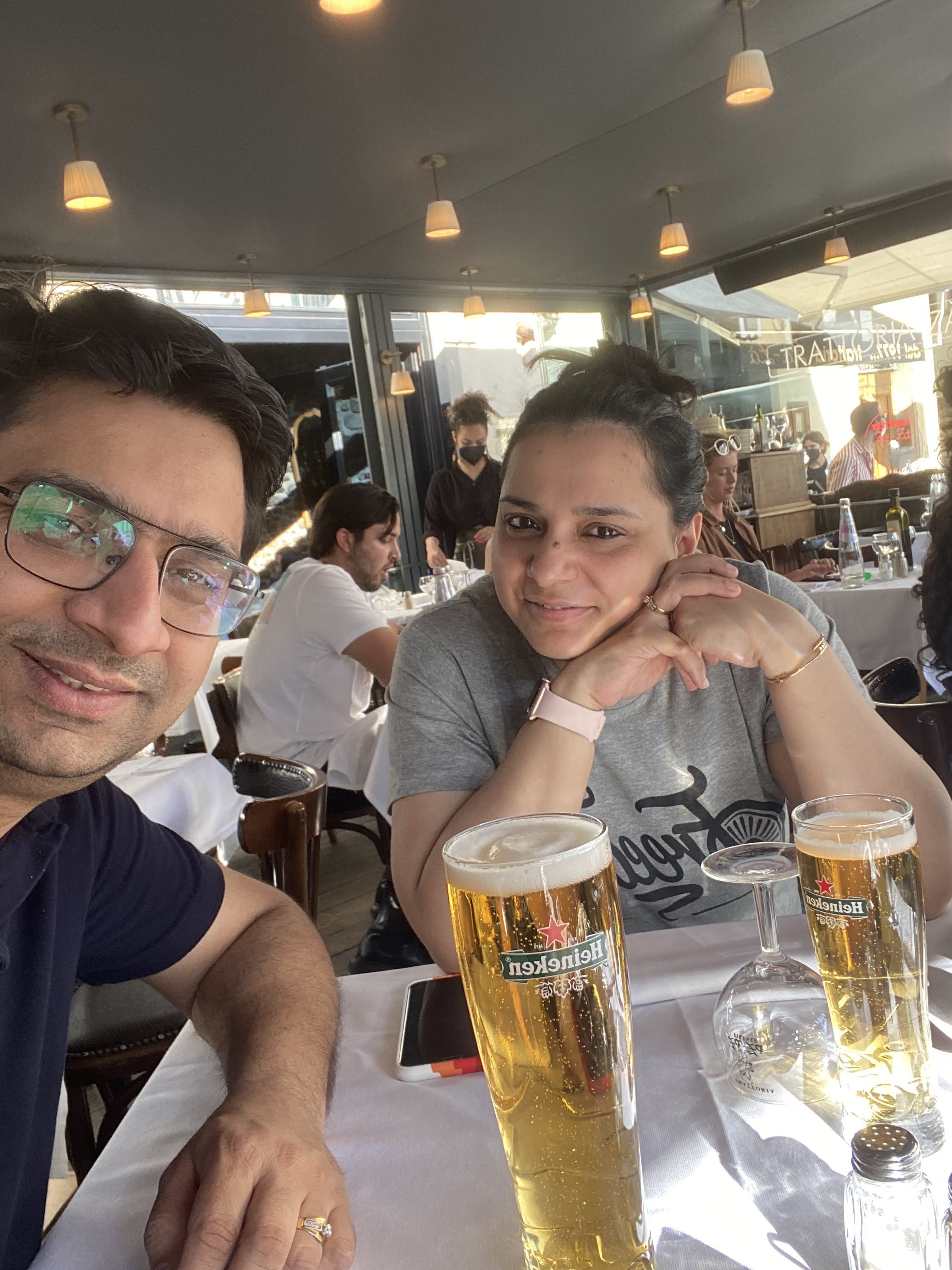 My wife and I enjoying a relaxed lunch with drinks in Florence.